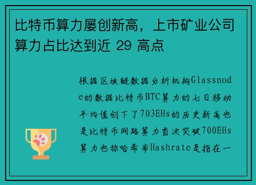 比特币算力屡创新高，上市矿业公司算力占比达到近 29 高点